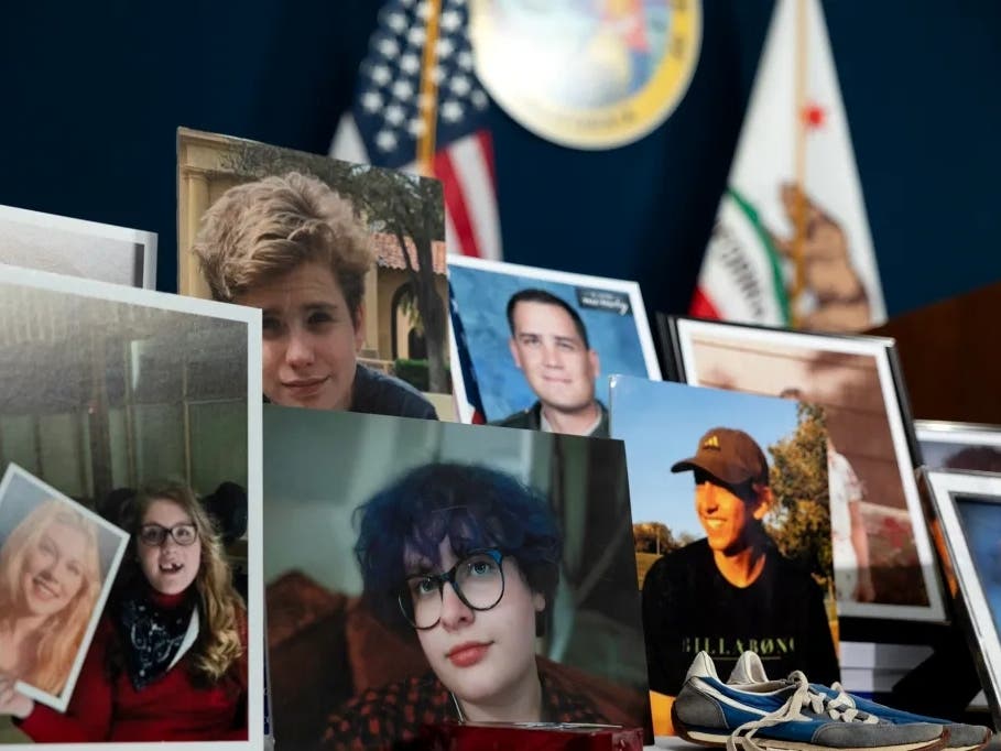 A photo display of people who have died as a result of drunk driving and vehicular homicide at the Capitol Annex Swing Space in Sacramento prior to a press conference announcing a series of bills aimed at reducing DUI fatalities and injuries in the state.