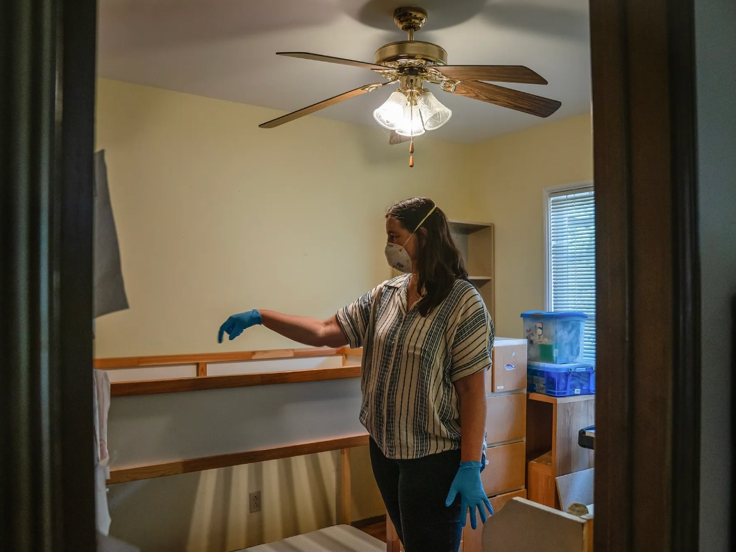 Gil Barel in her son’s room in Pasadena on Aug. 2, 2026. Barel & her family are still waiting for their home, a duplex they had rented for eight years before the Jan. 2025 Eaton Fire, to be cleaned up and free of toxic materials before they move back in.