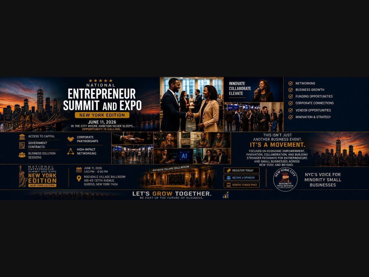 Join us at the National Entrepreneur Summit and Expo – New York Edition on June 11, 2026, from 3:00 PM – 8:00 PM at Rochdale Village Ballroom Queens, NY. Connect with entrepreneurs, corporate leaders, exhibitors, and sponsors for an evening of networking.