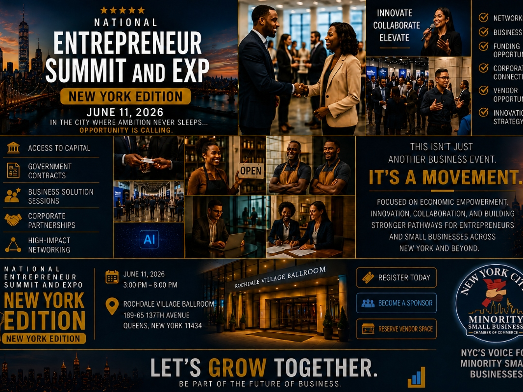 Join us at the National Entrepreneur Summit and Expo–New York Edition on June 11, 2026, from 3:00 PM – 8:00 PM at Rochdale Village Ballroom, Queens, NY. Connect with entrepreneurs, corporate leaders, exhibitors, and sponsors for an evening of networking.
