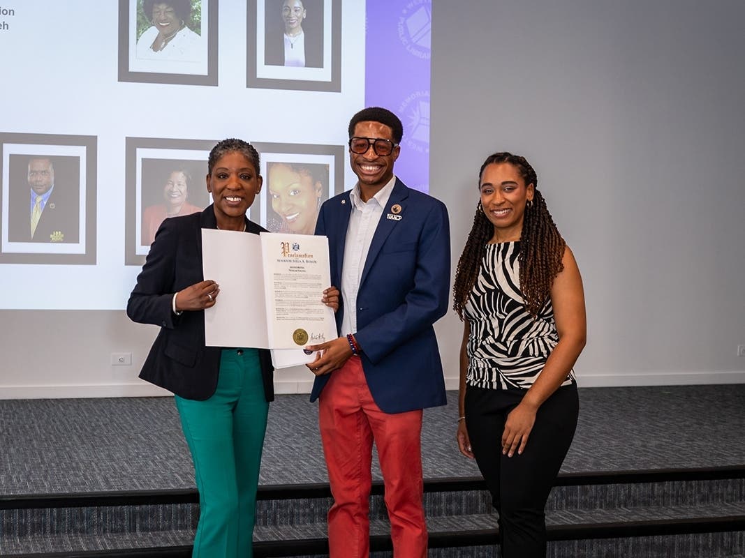 L -to -R: State Senator Siela A. Bynoe, Present Proclamation to Mr. Ekong, Valencia Saint Louis - Homegrown Heroes was created to ensure that the accomplishments of African Americans who grew up, studied, worked & built their lives on L.I. are preserved