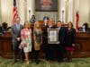 Left to right: Assembly Minority Leader James Gallagher; Assemblymember Eloise Gomez Reyes; Assemblymember Marie Waldron; Cynthia Elizondo; Assembly Speaker Anthony Rendon; Assemblymember Cecilia Aguiar-Curry.