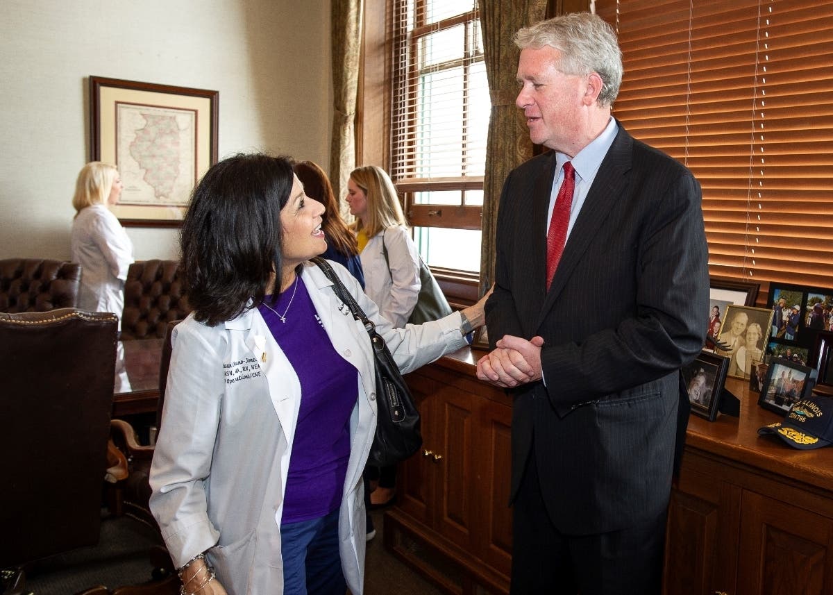 Advocate Good Samaritan CNE Susan Okuno-Jones with House Republican Leader Jim Durkin May 1 in Springfield.