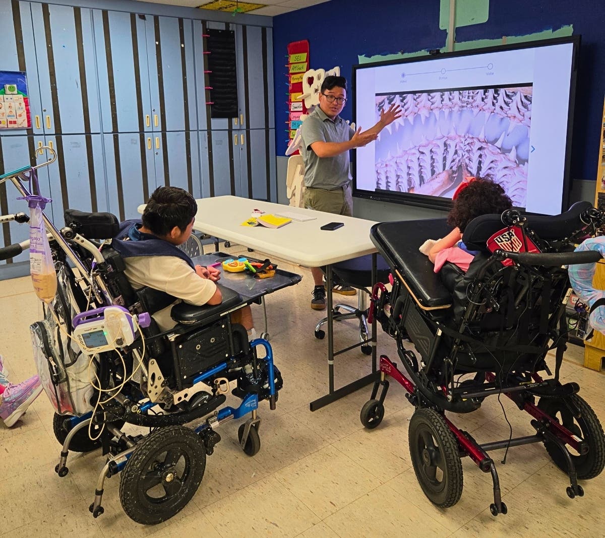 Mr. Reber, Matheny School teacher, uses the new smart board to give a lesson on sharks to his students. 