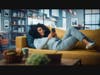 Happy Beautiful Latina Female Using Smartphone in Cozy Living Room at Home. Female Resting on Comfortable Sofa. She's Browsing the Internet 