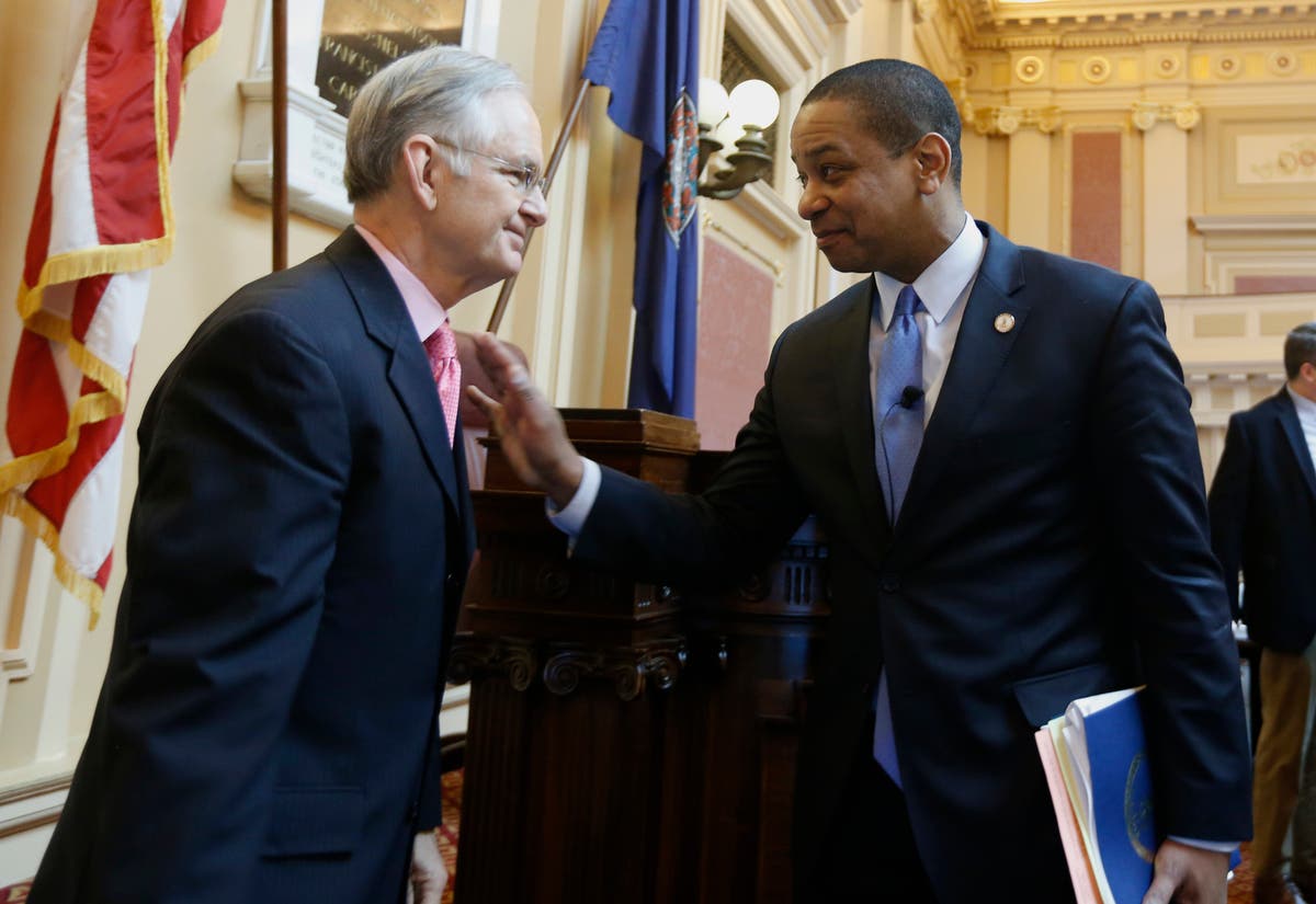 Virginia Lt. Gov Justin Fairfax says goodbye to State Sen. Thomas Norment as he exits the floor Sunday.