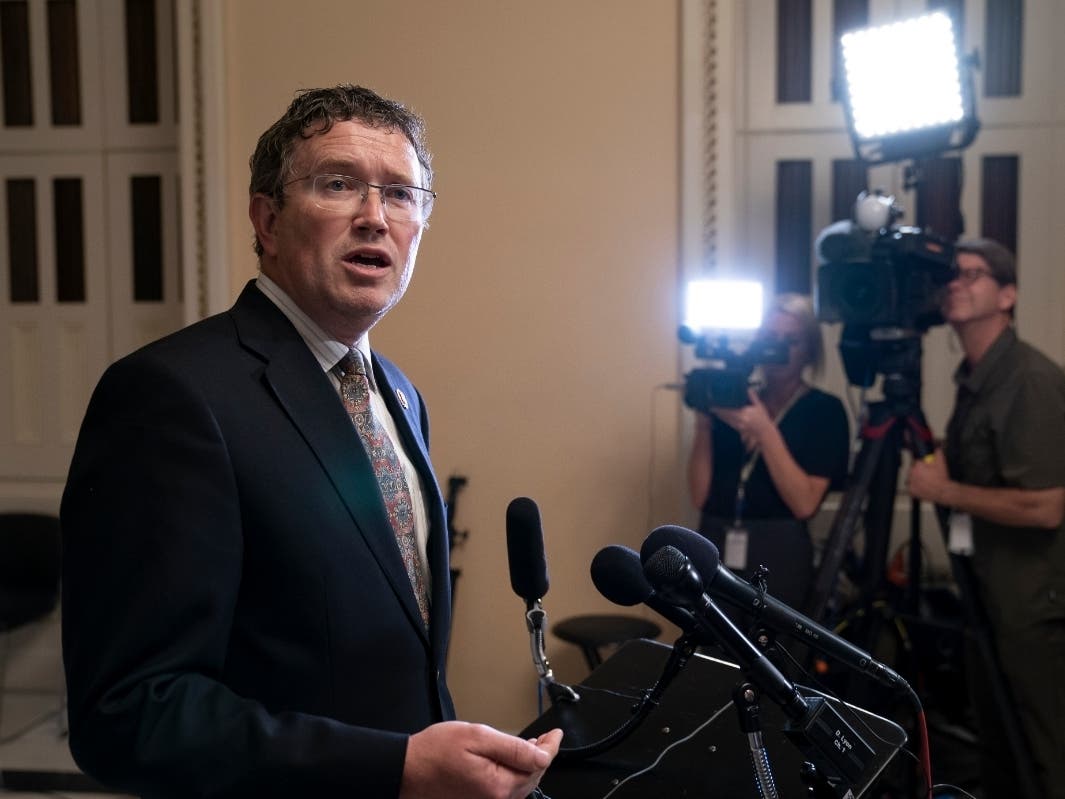 Rep. Thomas Massie speaks to reporters after he blocked a unanimous consent vote on a $19 billion disaster aid bill.