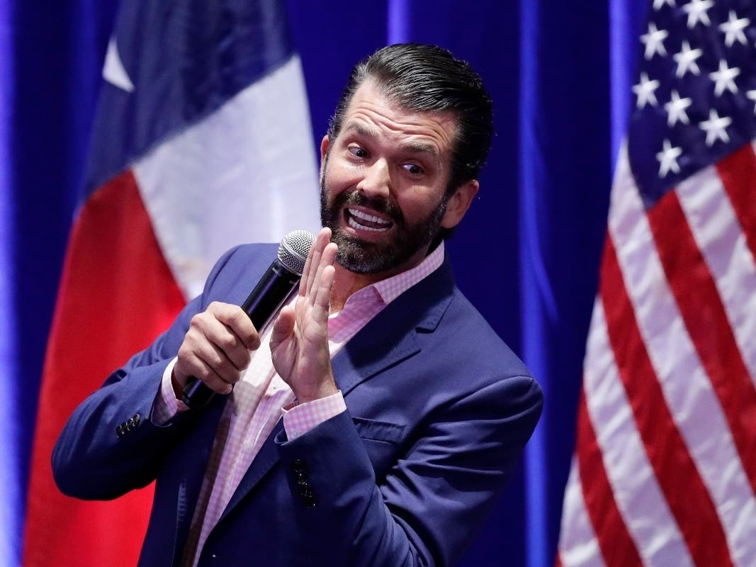 In this Oct. 15, 2019, file photo, Donald Trump, Jr. speaks to supporters of his father, President Donald Trump, during a panel discussion in San Antonio. 