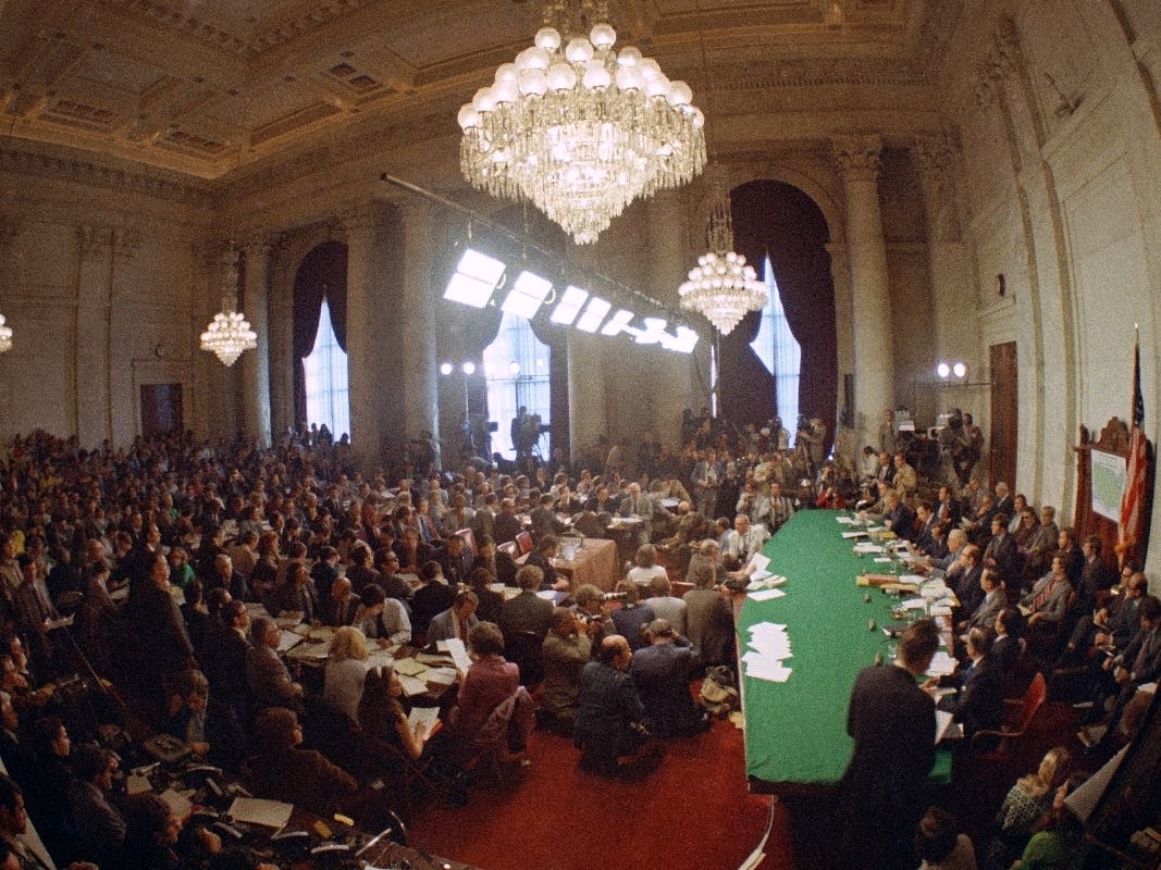 In this May 18, 1973, file photo, the hearing of the Senate select committee on the Watergate case on Capitol Hill in Washington. In 1973, millions of Americans tuned in to what Variety called "the hottest daytime soap opera."