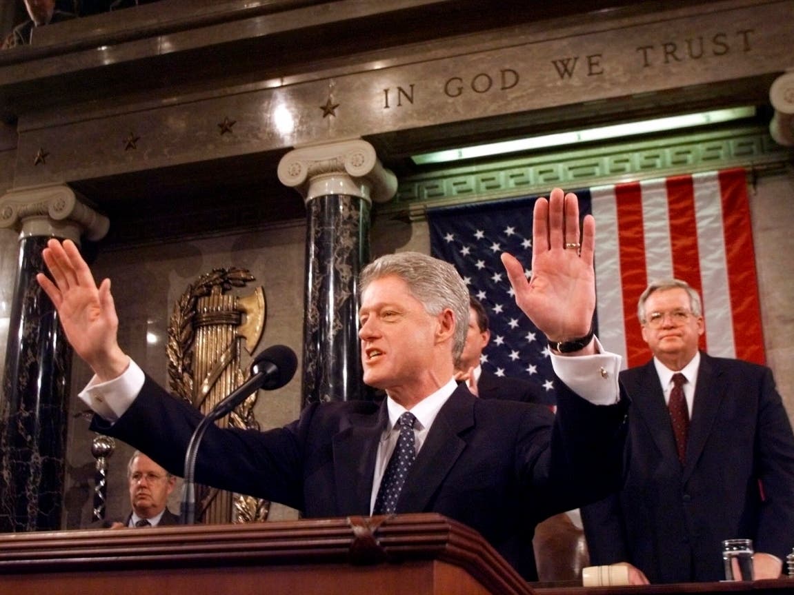 President Clinton acknowledges the crowd prior to giving his State of the Union address on Capitol Hill . House Speaker Dennis Hastert of Illinois is at right. Two decades ago, President Bill Clinton delivered his State of the Union address.