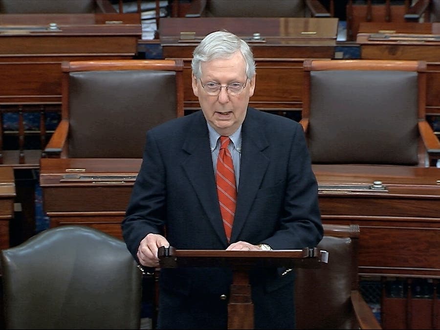Senate Majority Leader Mitch McConnell, R-Ky., speaks on the Senate floor at the U.S. Capitol in Washington, Saturday, March 21, 2020.