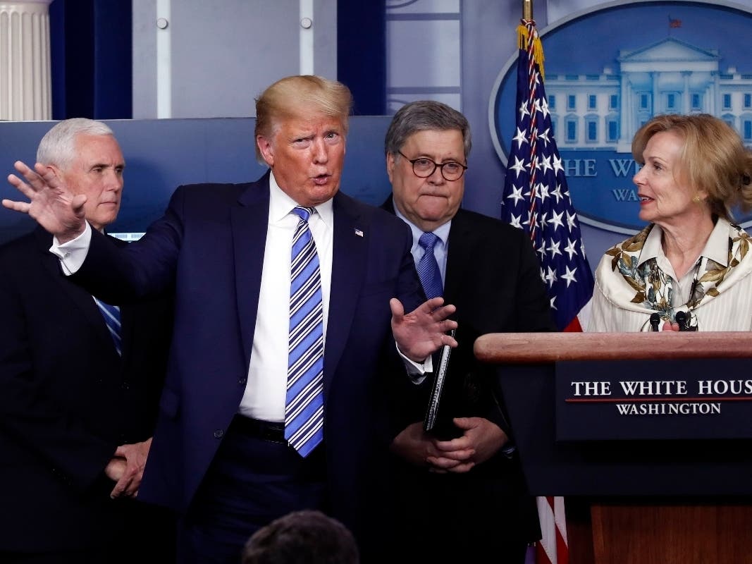President Donald Trump gestures as he asks a question to Dr. Deborah Birx, White House coronavirus response coordinator, during a briefing about the coronavirus in the James Brady Briefing Room.