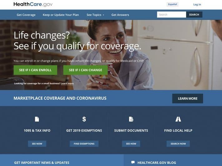 This file image provided by U.S. Centers for Medicare & Medicaid Service shows the website for HealthCare.gov. Close to half a million people have lost their health insurance amid the economic shutdown to slow the spread of COVID-19. 