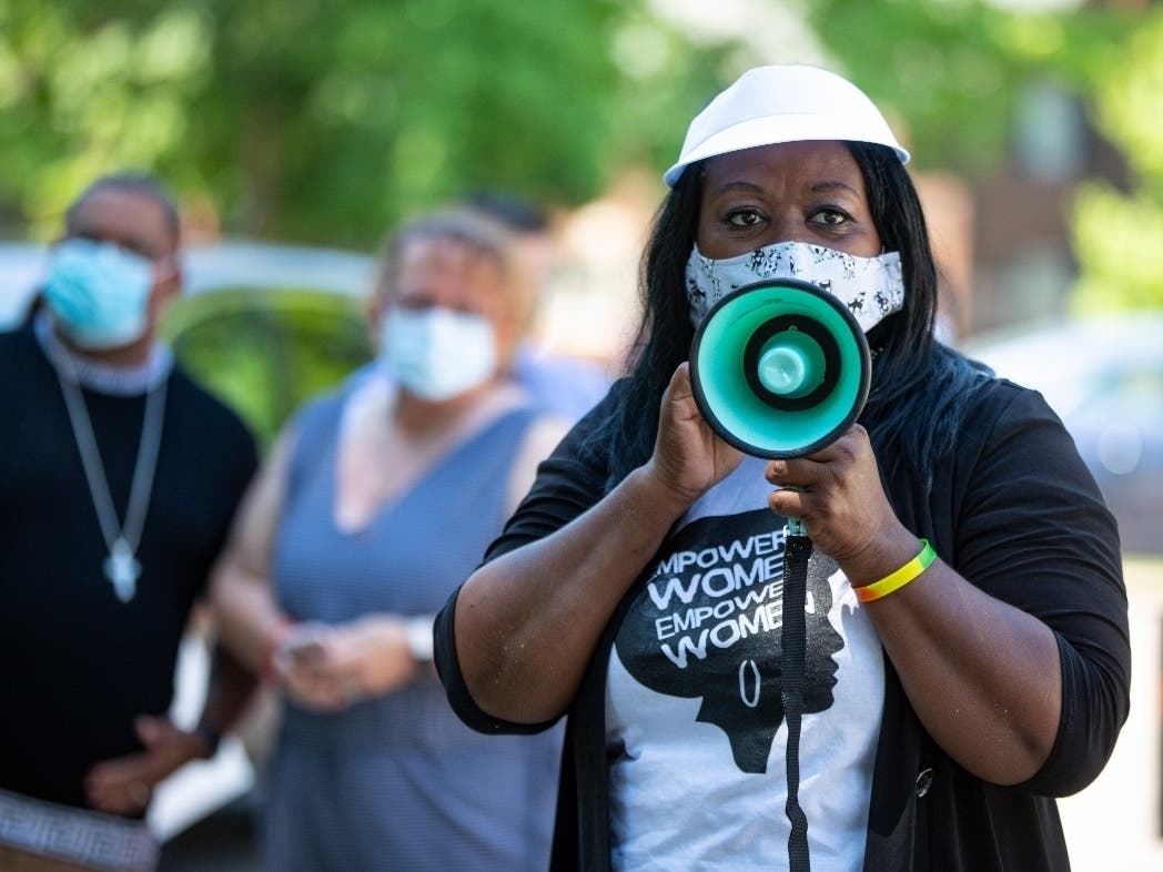 Jeannine Lee Lake, Democratic candidate for Indiana's 6th congressional district, speaks to the crowd gathered for Juneteenth day event in Columbus, Indiana.