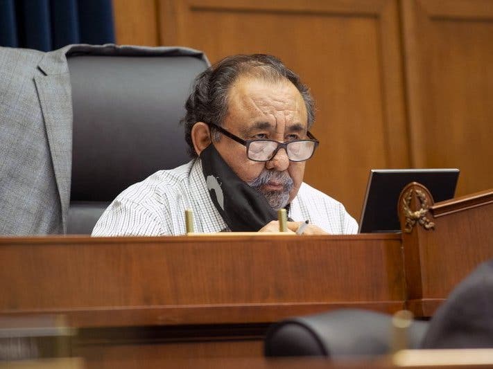 Committee Chairman Rep. Raul Grijalva speaks on Capitol Hill in Washington during the House Natural Resources Committee hearing on the police response in Lafayette Square. 