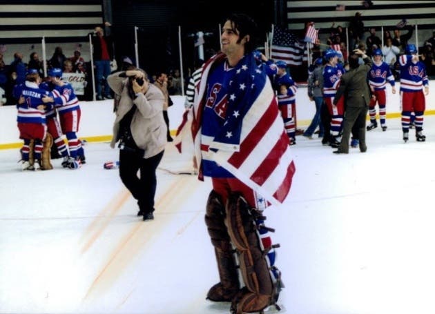 Jim Craig wearing U.S. Flag after miracle on ice