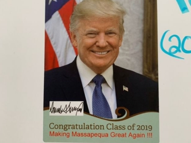 A sticker of President Donald Trump created by one unhappy parent. Stickers were passed out to Massapequa students.