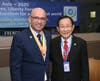 Dr. Hong, Tao-Tze, president of FOWPAL, right, and Ali Gedikoglu, president of COJEP International, exchange ideas of peace and conscience at a conference co-hosted by COJEP International and FOWPAL at the UN in New York. 