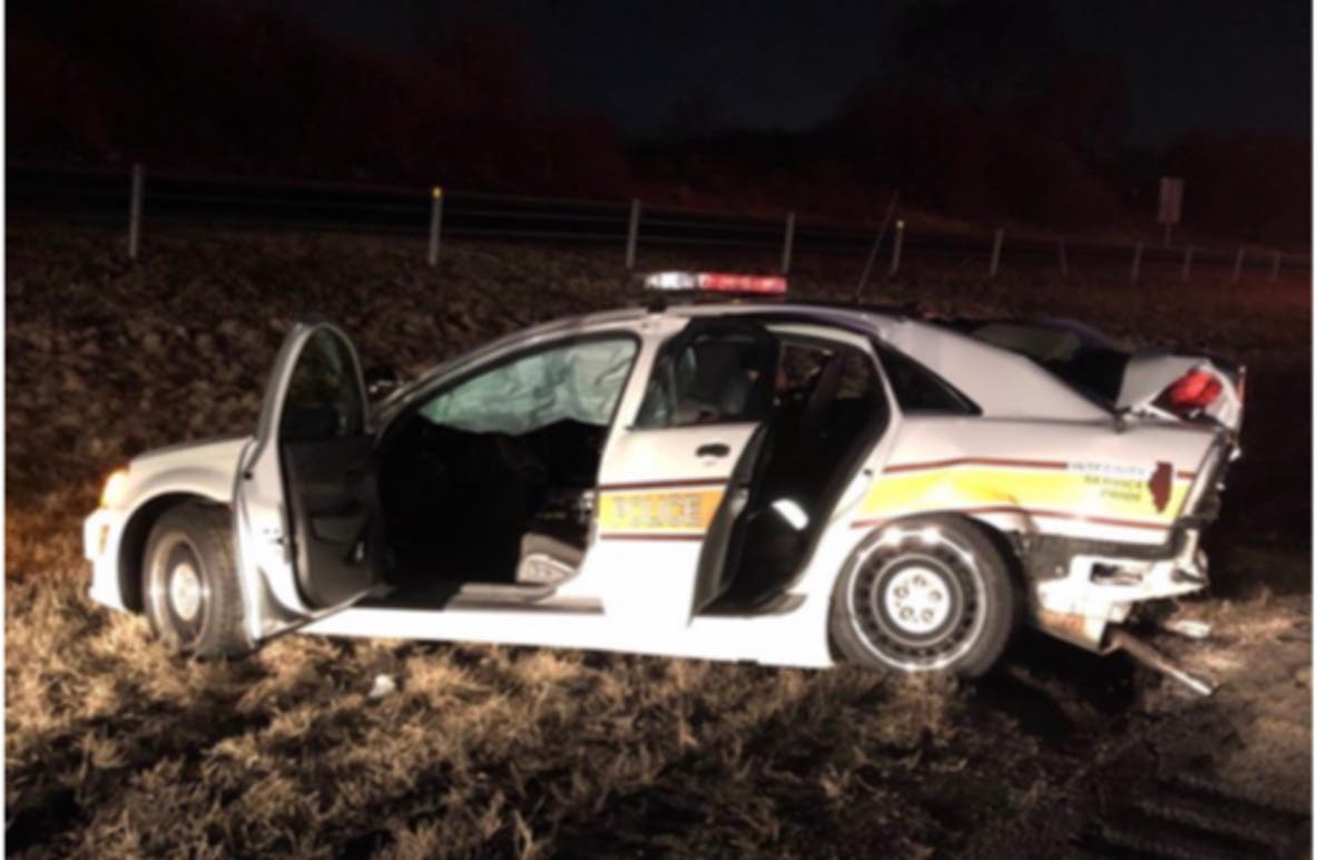 This State Police car was struck by a Channanhon man near Joliet on Sunday night.