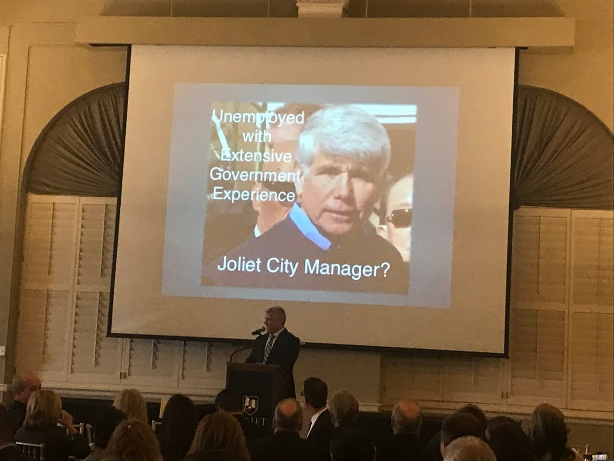 Joliet Mayor Bob O'Dekirk showed this slide of former Governor Rod Blagojevich during his Feb. 24 State of the City speech. O'Dekirk alerted everyone he was only joking. 