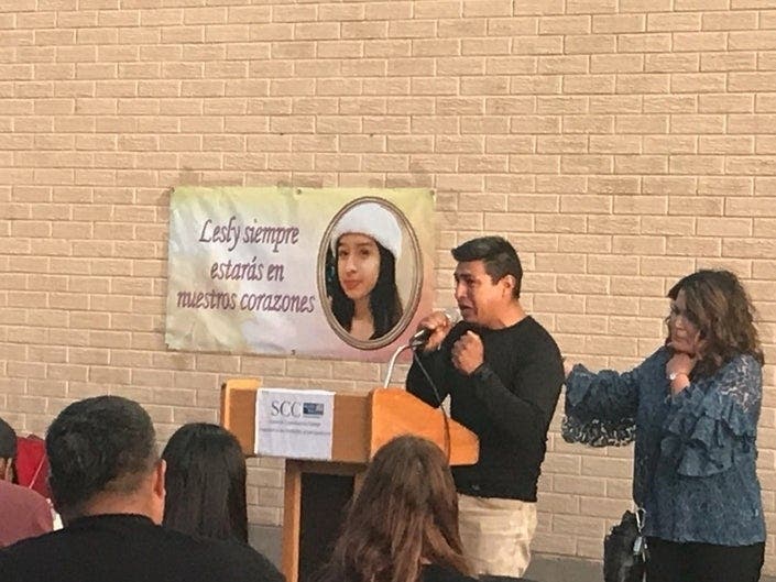 In August 20-19, Lesly's visibly distraught father, Eduardo, addressed the crowd gathered at the prayer vigil held in memory of his daughter, Lesly. 