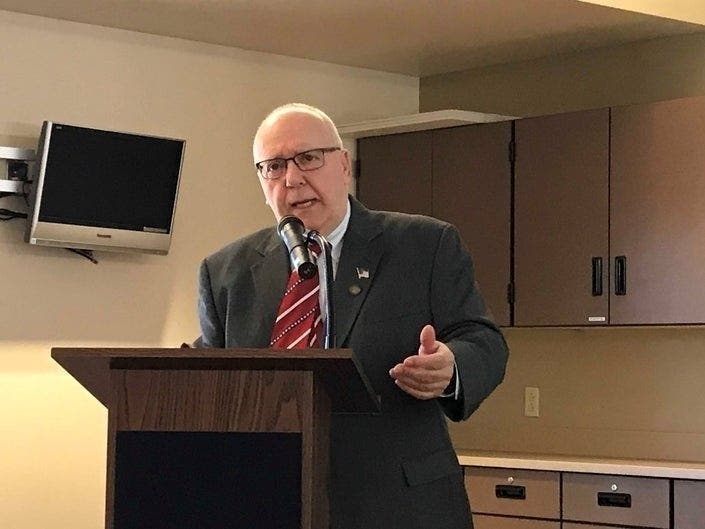 Rick Chapman addresses village officials and business leaders during his 2019 State of the Village address. 