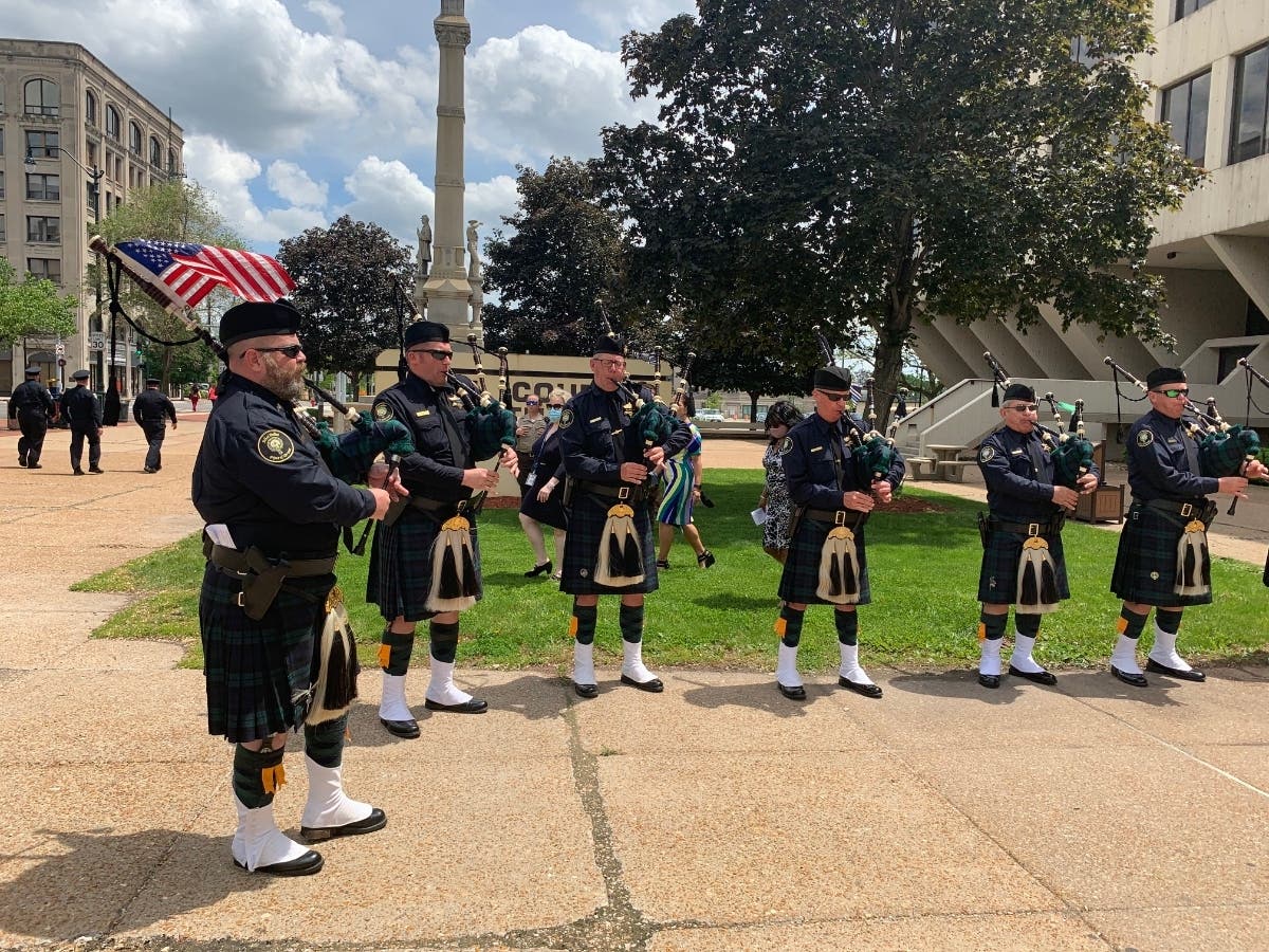 The Joliet Police Pipes & Drum performed "Amazing Grace" during Thursday's Will County Law Enforcement Memorial service at the old Will County Courthouse. 