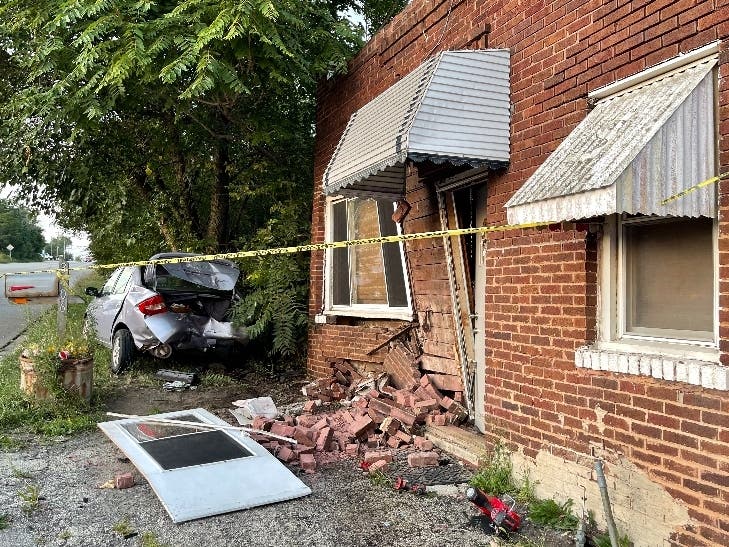 This house about a mile north of the Old Joliet Prison was damaged Monday night during a crash involving several vehicles. 