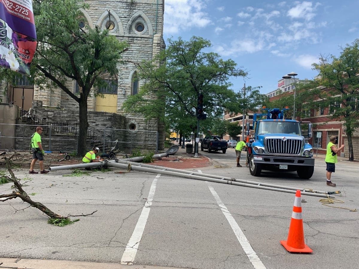 A semi-trailer crashed into a downtown Joliet traffic light, destroying it, late Friday morning, in front of the former St. Mary's Carmelite Catholic Church. 