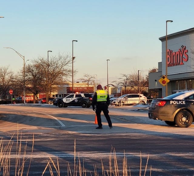Joliet police say a woman was shot when another vehicle pulled up to her SUV and shot her, causing her to crash into another vehicle. 