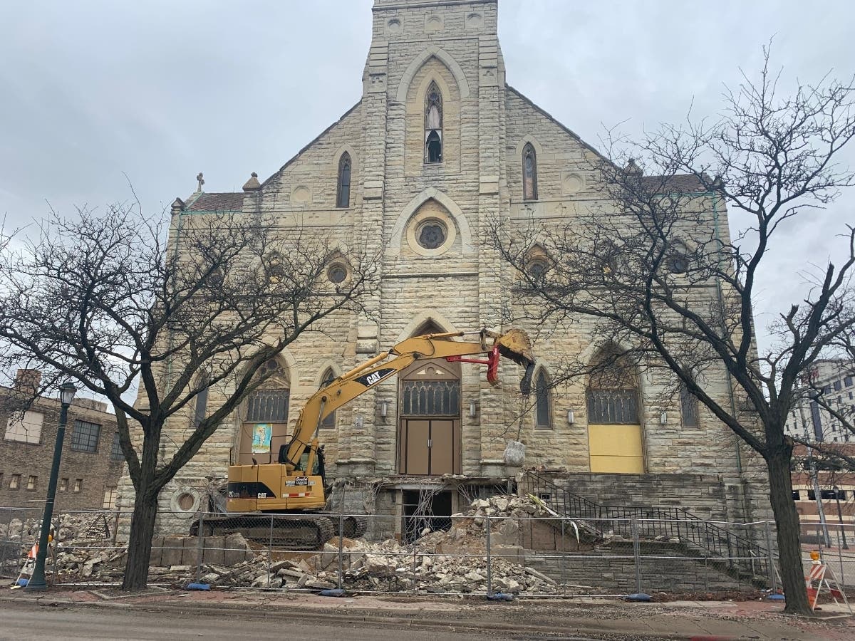 On Tuesday morning, Gould Brothers begins demolition on the front entrance to the old St. Mary's Carmelite Church in downtown Joliet on North Ottawa Street. 