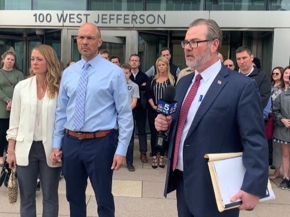 Joliet criminal defense attorney Bob Bodach of The Tomczak Law Group addresses reporters on behalf of Will County Sheriff's Deputy Edward Goewey. 