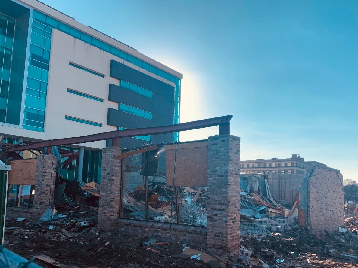 The original Chicken-N-Spice restaurant, in downtown Joliet, was demolished Thursday by D Construction. The city of Joliet approved the demoliton permit.