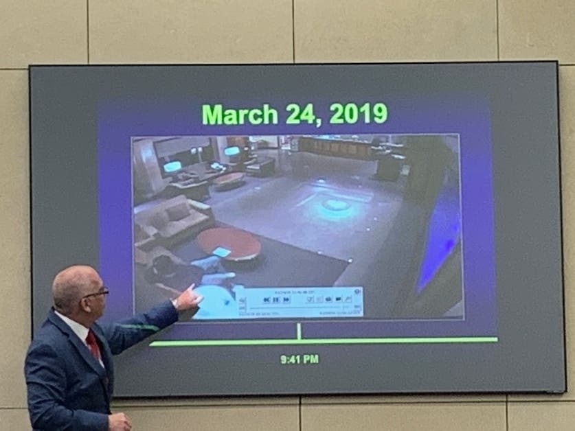 Prosecutor Tom Slazyk reminds the jury that Robert Watson sat in a lounge chair in the Harrah's Casino lobby, moving his knife from his pants to his coat to give him easier access before killing Sam Burgarino just a few minutes later. 
