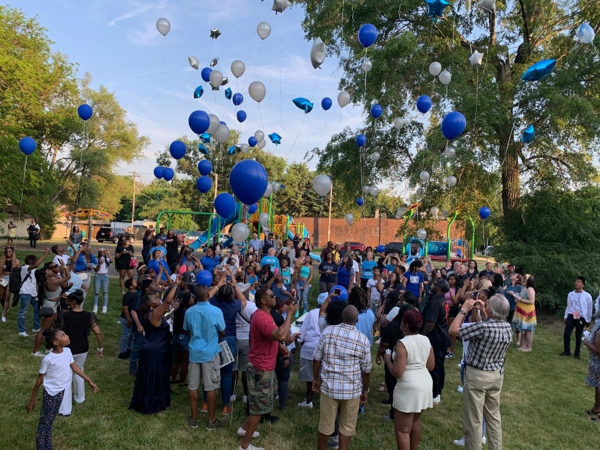 Friday evening's balloon launch and prayer vigil for Joliet murder victim Antoine Shropshire, age 16, drew 150 people to the Warren Sharpe playground on South Joliet Street. 