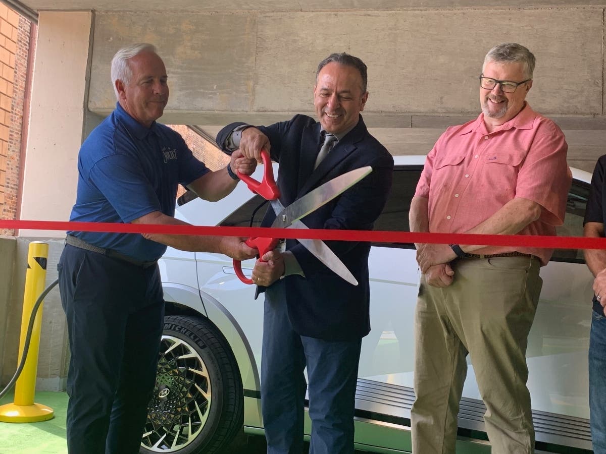 "It's a great day to activate our first set of EV chargers," Joliet Mayor Terry D'Arcy remarked at Wednesday's ribbon cutting in the city owned Ottawa Street parking deck.