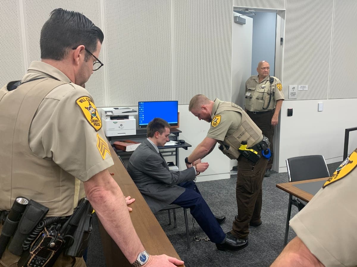 Anthony Francimore gets handcuffed and shackled after Friday night's guilty verdicts were announced around 8 p.m. in his first-degree murder trial. 