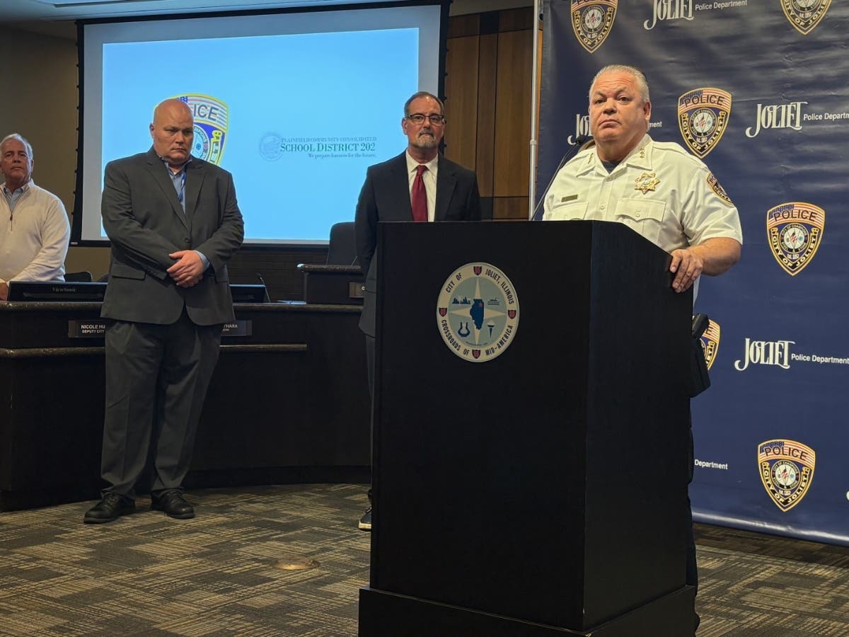 Bill Evans speaks at last week's Joliet City Hall press conference announcing criminal charges against a now-fired Plainfield School District gym teacher at Aux Sable Middle School. 