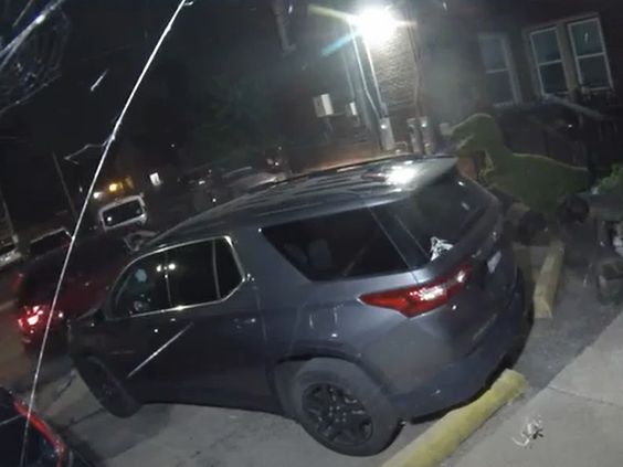 "The female appears to be driving a red Chevrolet SUV," Joliet police said of the dinosaur theft.