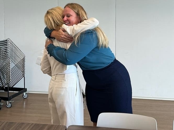 Katy Leclair was notified of receiving the 2026 ATHENA Award during a surprise encounter with Joliet Region Chamber of Commerce & Industry President Jen Howard on Tuesday, August 18.