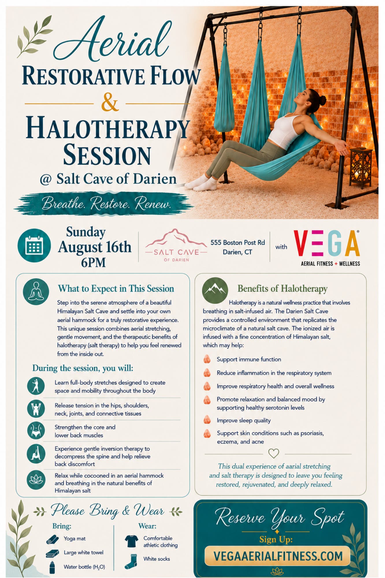  SPECIAL EVENT | Aerial Restorative Flow & Himalayan Salt Therapy Session @ Salt Cave of Darien 