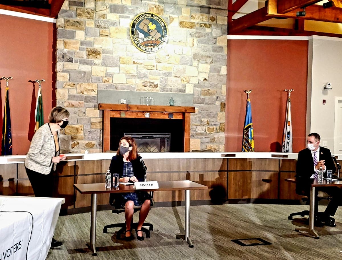 Rep. Brian Fitzpatrick and Christina Finello address issues at forum