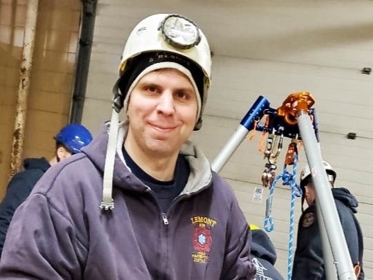 Combined Agency Response Team member and FF/PM Rami Elshareif displays the Harken Lok Head Rescue Winch. The Lemont Fire Protection District was able to purchase the Harken Lok Head Rescue Winch from IAW