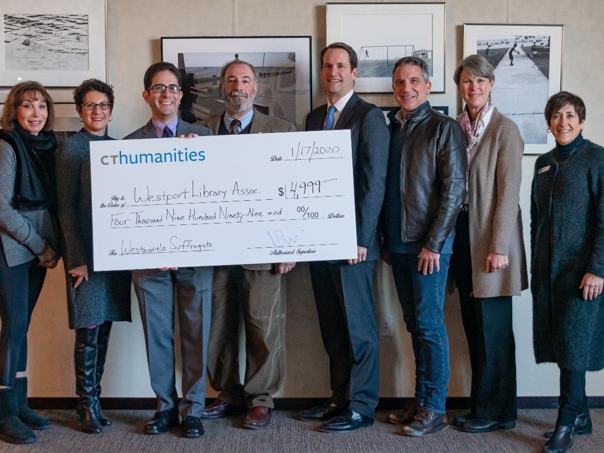 (L-R) Lucy Johnson, Jennifer Keller, Jonathan Steinberg, Jim Himes, Bill Harmer, Kathie Bennewitz, Carole Erger-Fass,