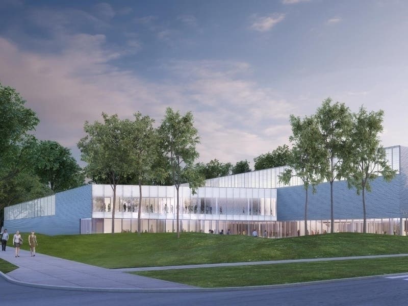 A architectural rendering shows Evanston's new Robert Crown Community Center and Library.