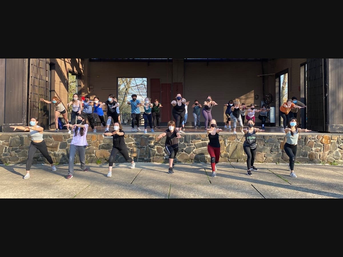 Ridge High School cast members of the musical Cats rehearsing at Pleasant Valley Park.