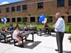 Rocky Point Middle School Principal James Moeller addressed a sixth grade social studies class at the outdoor classroom ribbon-cutting.