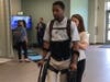 The motorized exoskeleton system by Ekso Bionics is demonstrated at the event.