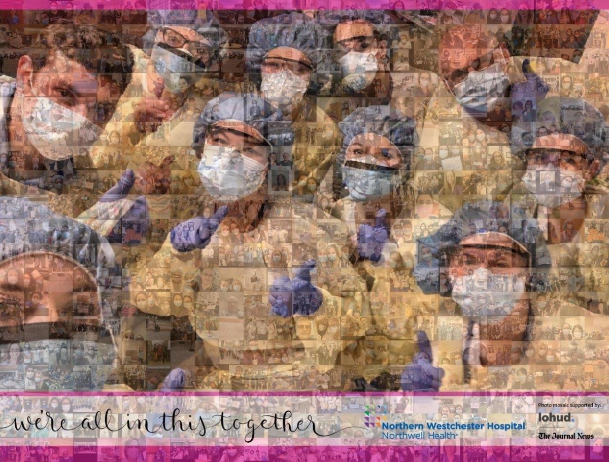 Virtual mosaic photomural of over 400 heroes, including physicians, nurses, and hospital employees