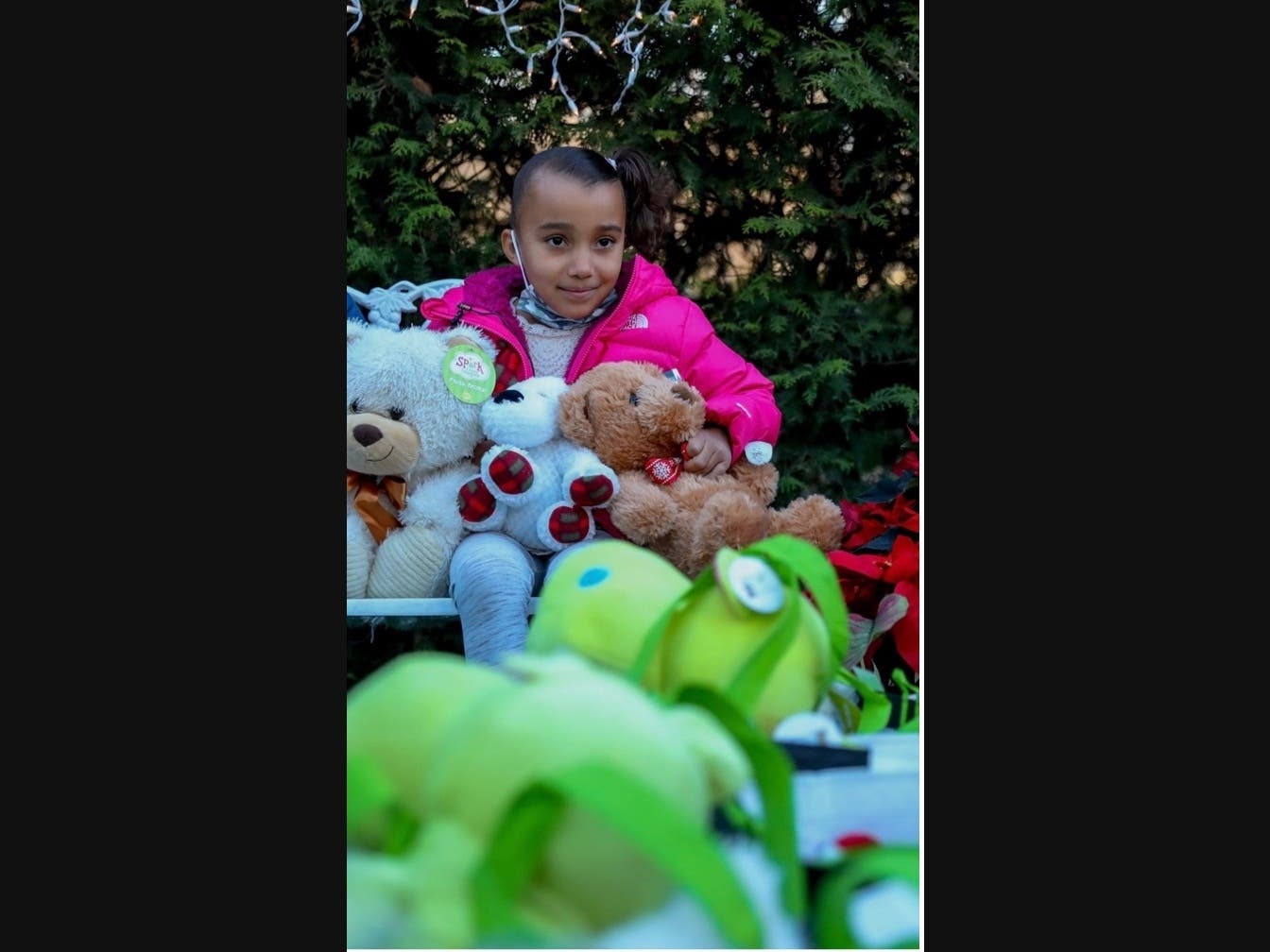 Cassidy Kline, a five year-old cancer survivor, surrounded by Teddy Bears donated by Westchester Stop & Shops